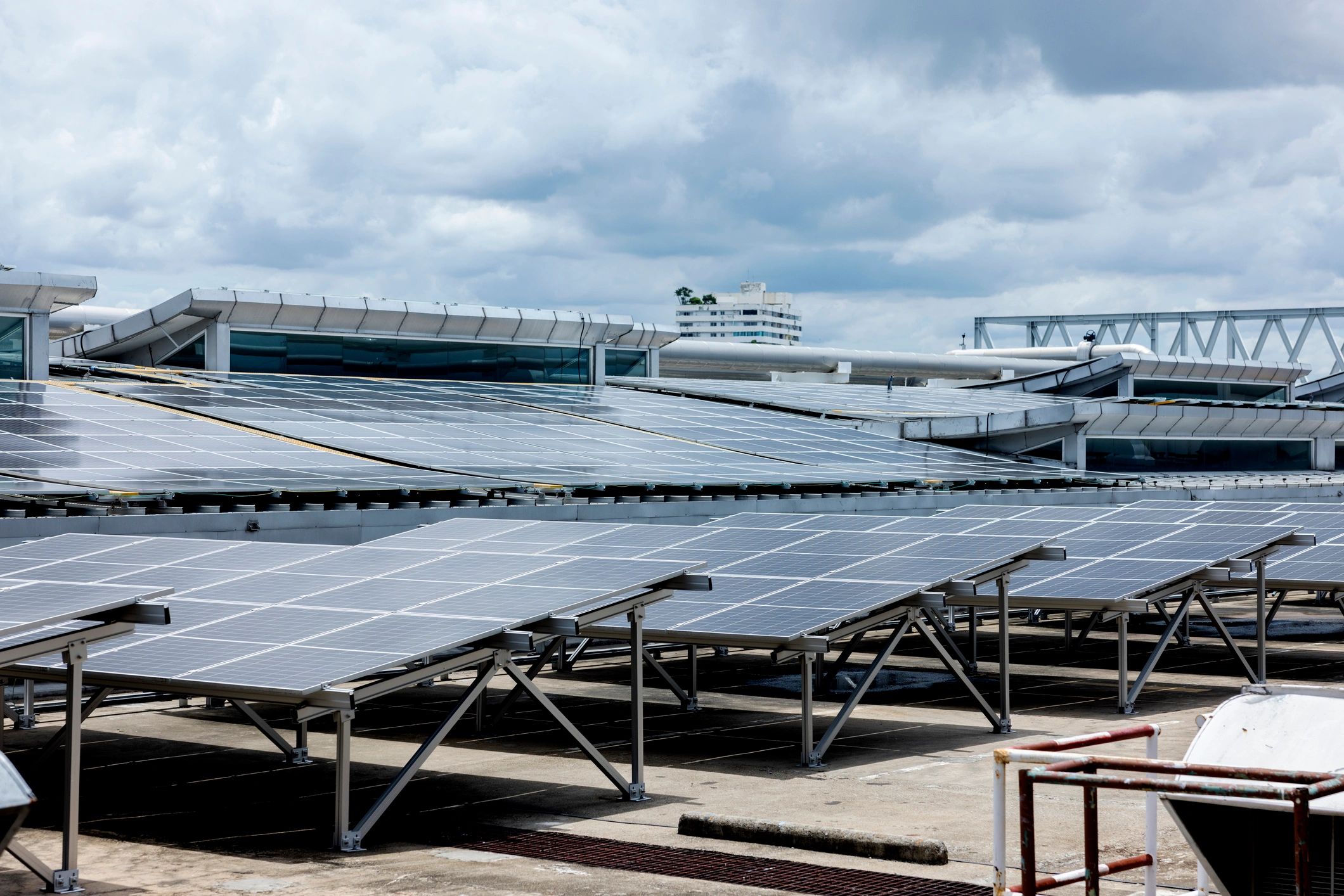 Residential building with rooftop solar panels