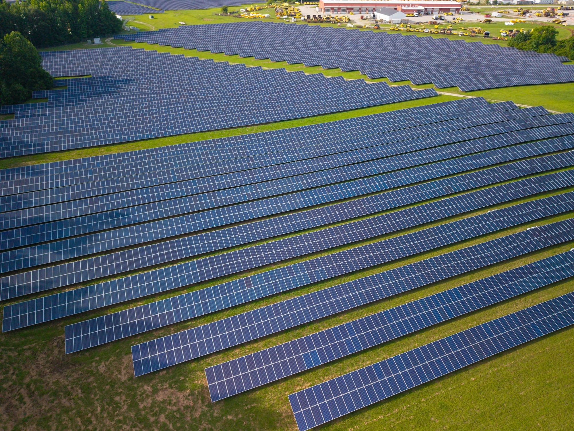 Wide view of a large solar array generating renewable energy